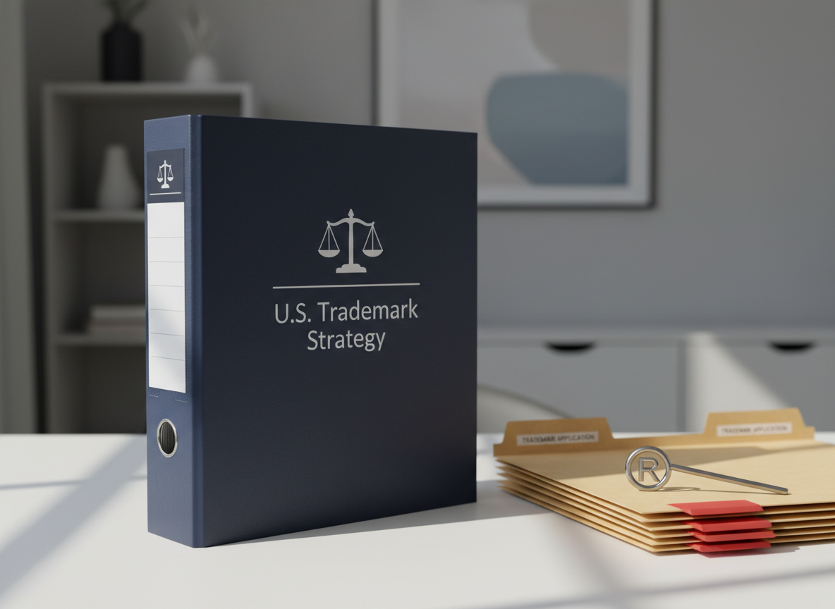 A close-up, photographic image of a sleek, dark navy hardcover binder embossed with a subtle silver scales-of-justice icon and the words “U.S. Trademark Strategy” in refined sans-serif lettering. The binder rests on a spotless matte white desk beside a neatly stacked set of manila trademark application folders and a silver metal bookmark shaped like the ® symbol. Soft daylight from a nearby window washes across the surface, creating gentle, elongated shadows and crisp highlights along the binder’s edges. The background falls into a soft bokeh of neutral greys and blues, suggesting a modern office wall and shelves. Shot at a slightly elevated, three-quarter angle with shallow depth of field, the composition feels calm, orderly, and professional, emphasizing clarity and precision in intellectual property work.